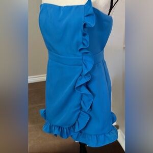 Vibrant Blue Zip-Up Ruffled Romper Strapless